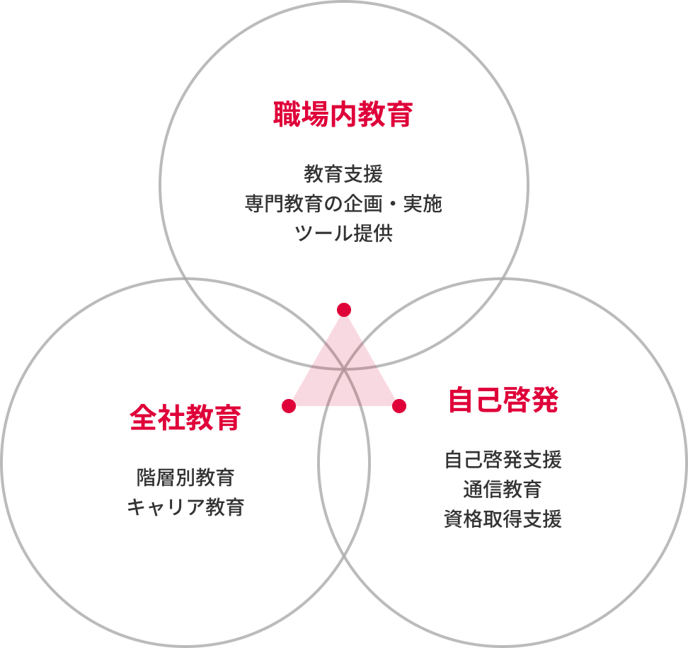 職場内教育、教育支援、専門教育の企画・実施、ツール提供。全社教育、階層別教育、キャリア教育。自己啓発、自己啓発支援、通信教育、資格取得支援。